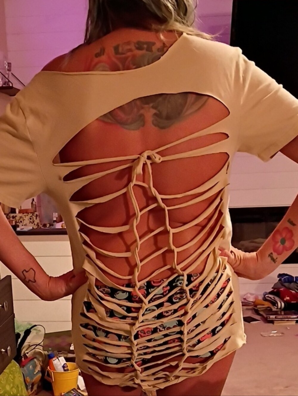 Beige Cutout Shredded Back T-Shirt